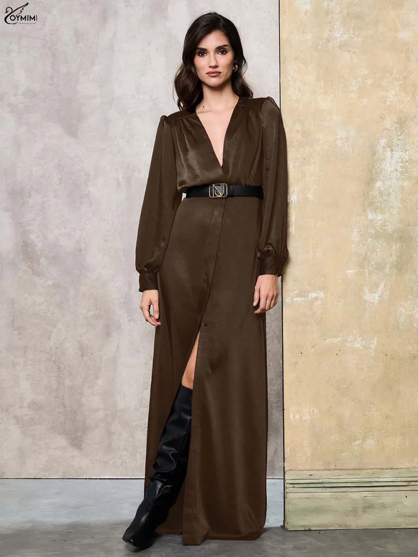 

Oymimi Casual Brown V-Neck Dresses 2025 Woman Fashion Long Sleeve Single Breasted Dresses Elegant Straight Floor-Length Dress