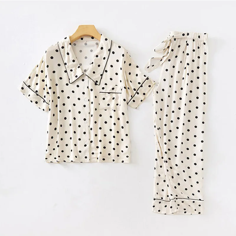 2022 Women Satin Pajamas Short Sleeve Trousers Suit Pointed Collar Fashion Home Clothes Viscose Polka Dot Sleepwear 2 Piece Set