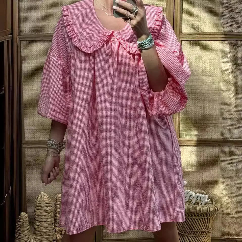

Loose Casual Plaid Printed Dress Fashion Doll Collar Lantern Sleeve A-line Midi Dresses Spring New Commuter Women's Clothing