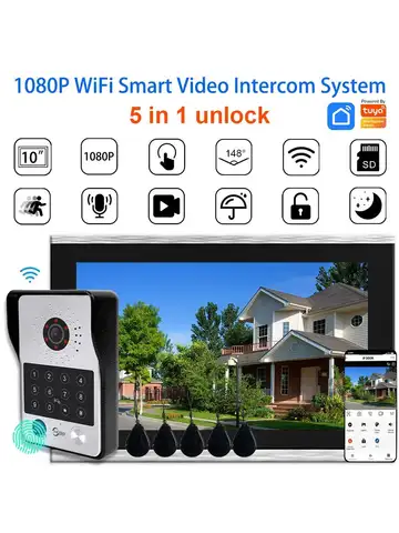ANJIELO 5in1 지문 잠금 해제 Tuya 스마트 Wifi 비디오 인터콤 시스템 모션 탐지기가있는 비디오 도어 폰 카메라 1080P