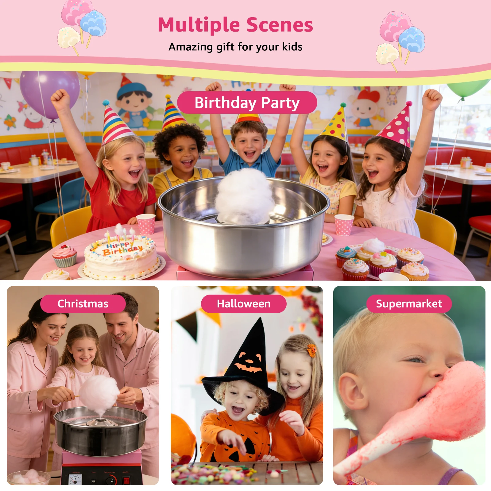 Cotton Candy Maker Machine, Electric Candy Floss Maker with 15-Inch Bowl, Adjustable Temperature Control, Easy to Use and Clean, for Home, Carnival, Kids Birthday, Family Party, Pink view 6