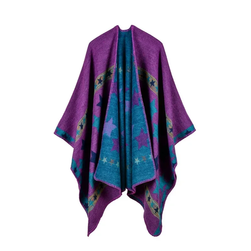 New European American Women's Star Color Bar Imitation Cashmere Shawl Extra Long Thickened Foreign Trade Cape Ponchos Purple