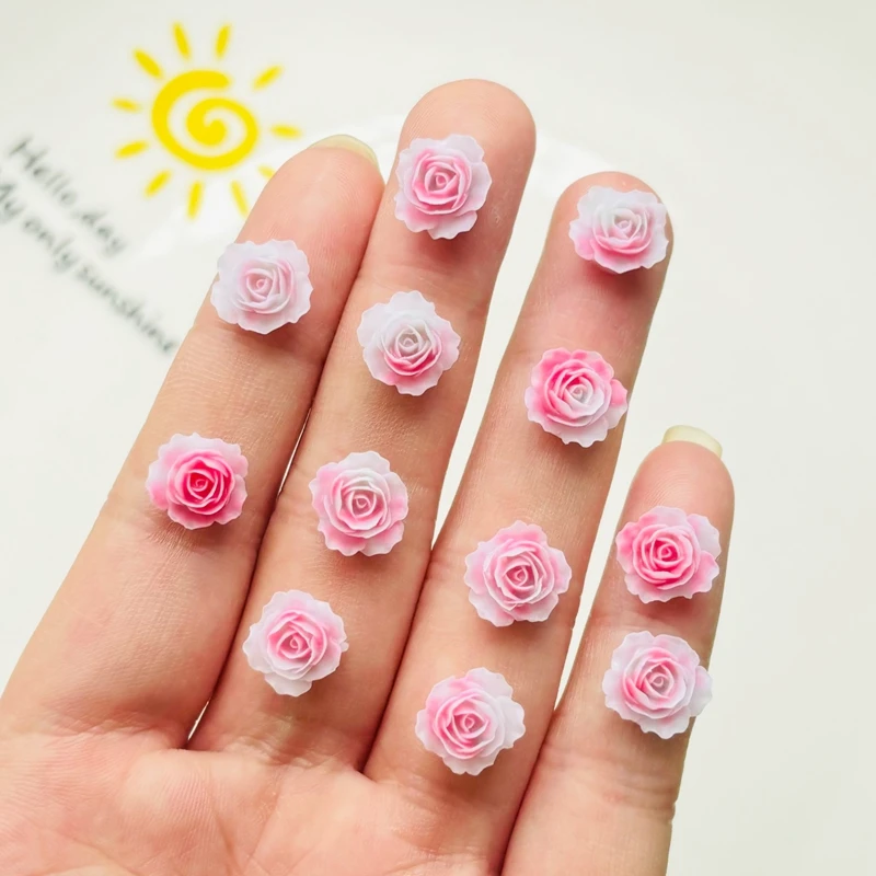 50 Pcs New Cute Mini Cartoon Pink Roses Flower Resin Flatback Ornament Jewelry Making Manicure Hairwear Accessories