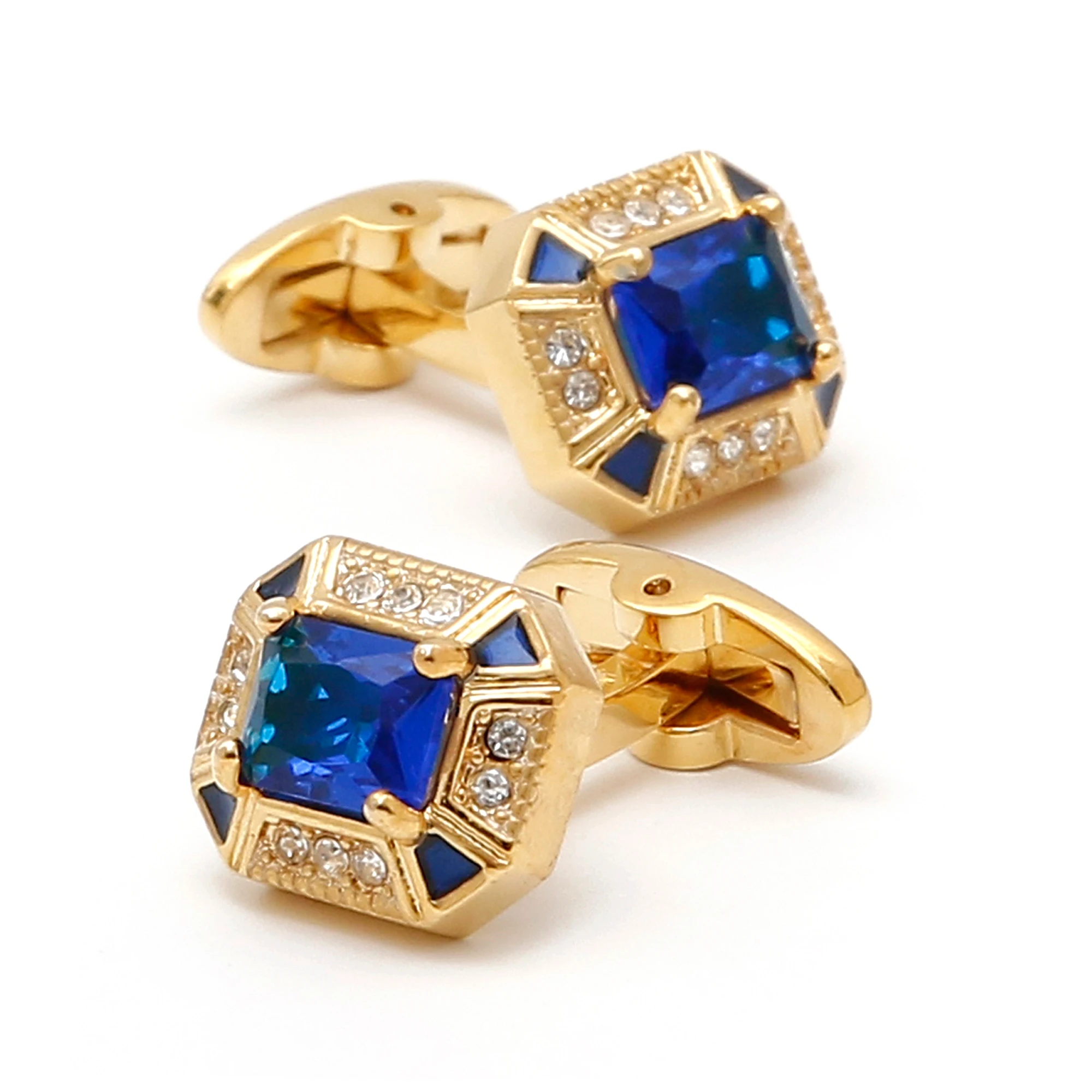 TOMYE Gold Cufflinks for Men, Luxury Blue Zircon Brass Square Texudo Dress Shirt Cuff Links, Jewelry Gift for Husband Groom