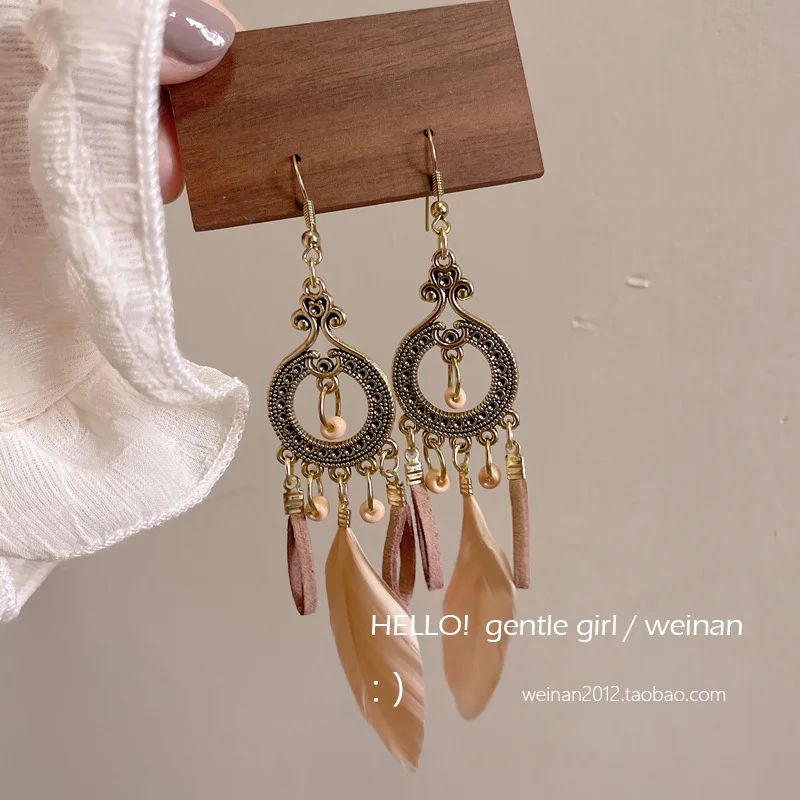 White Feather Beaded Tassel Dangle Earrings Lightweight Bohemian Handmade Vacation Photogenic Resort Jewelry for Women