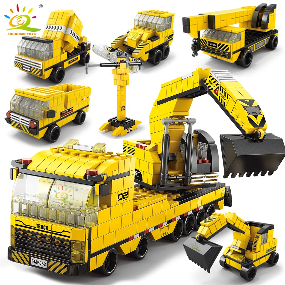 HUIQIBAO 1000pcs 6in1 Engineering Crane Truck Building Blocks City Construction Bricks Bulldozer Car Set For Children Kids TOYS