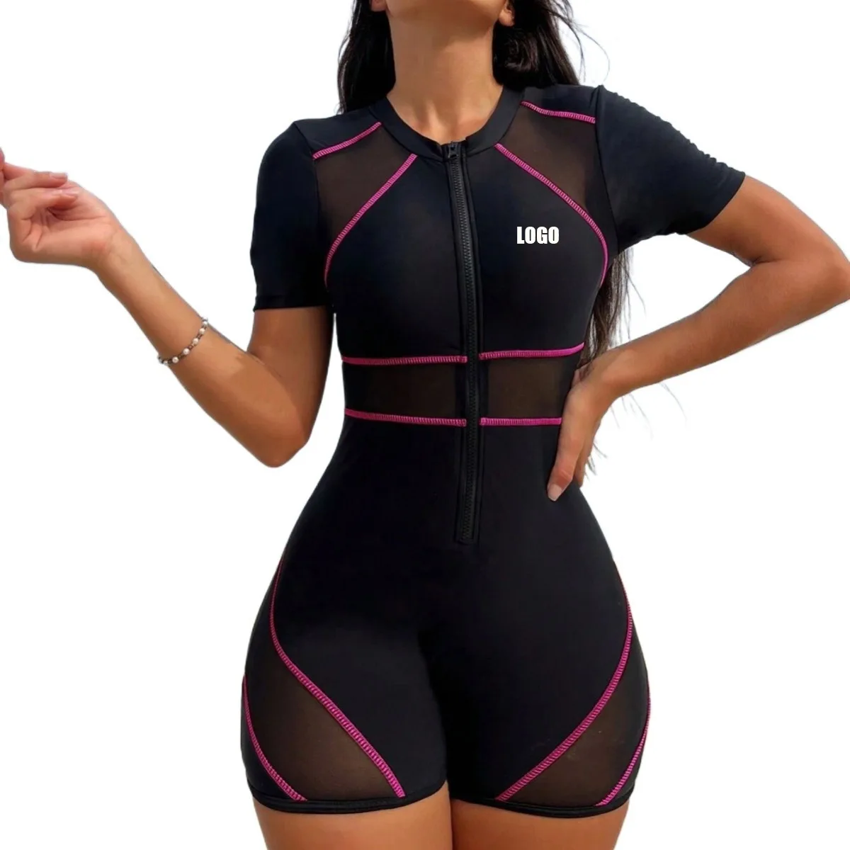 

Customized LOGO women's sports competition one-piece short-sleeved swimsuit surfing diving suit splicing mesh swimsuit