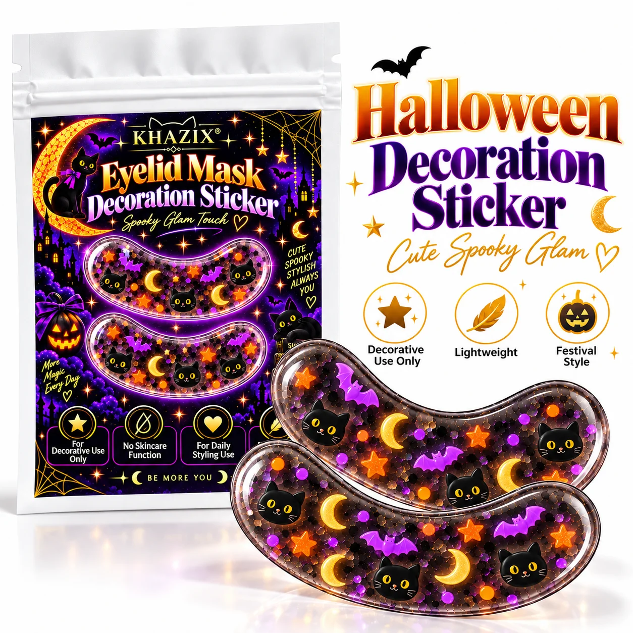 10/5/2 Pairs Halloween Decorative Under-Eye Stickers, Black Cat Bat & Moon Eye Patches for Costume Makeup, Parties & Photos