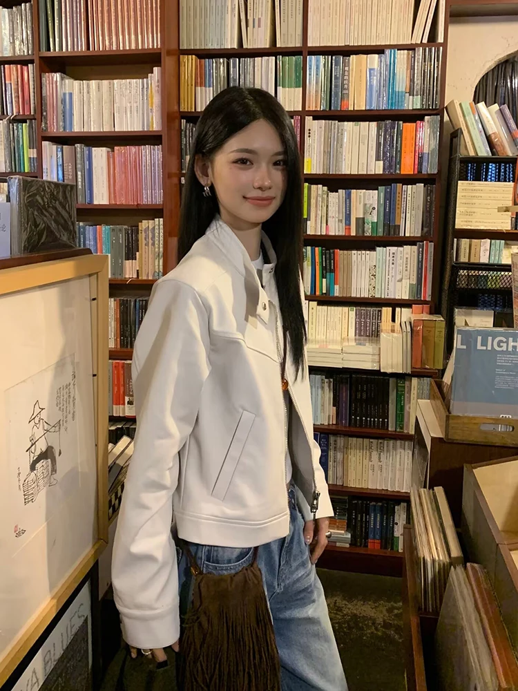 

Lumoder белая кожаная куртка женская весенне-осенняя тонкая повседневная свободная верхняя одежда модный дизайн корейский сле