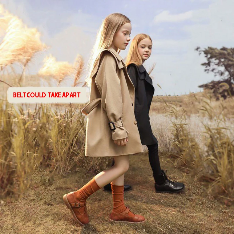 3-14Y Teen Girls Long Trench Coats 2024 New Fashion England Style Windbreaker Jacket For Girls Spring Autumn Children\'s Clothing