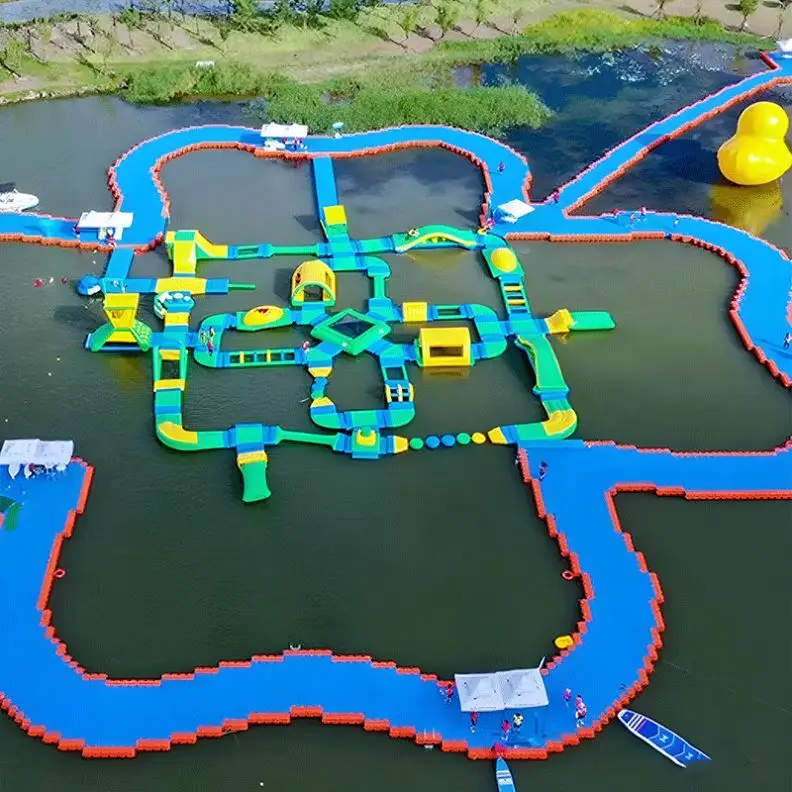 Inflatable Water Park Featuring Floating Water Slides and Customizable Features for Outdoor Play