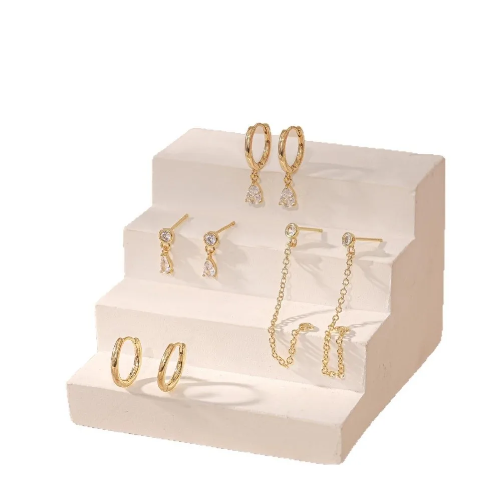 4Pcs/Set Zircon Drop Earrings Set Geometric Chain Huggie Hoop Earrings Multiple Piercing Adjustable Dangle Earring Set Jewelry