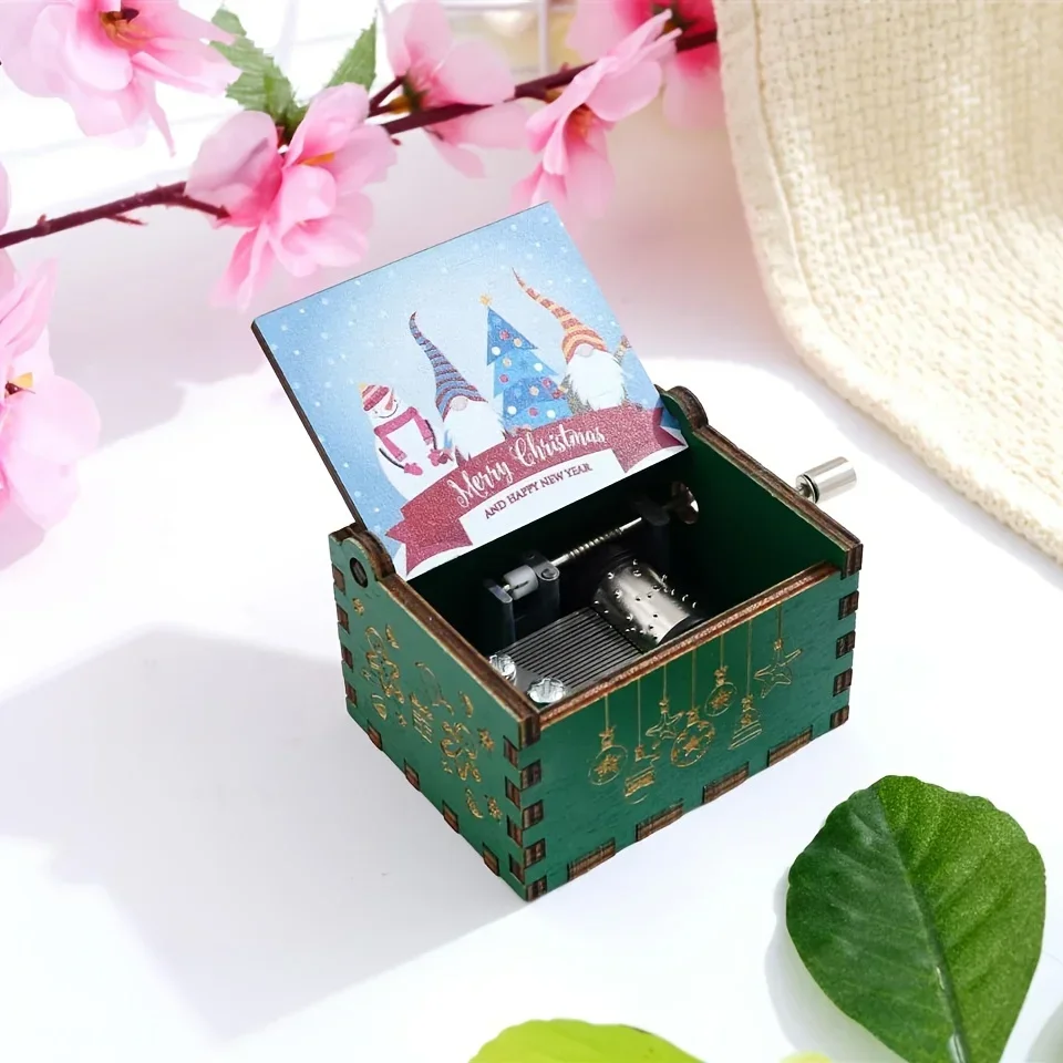 Merry Christmas Music Box Wooden Antique Carved Hand Cranked Classic Theme Music for Birthday Party Gifts Family Decoration