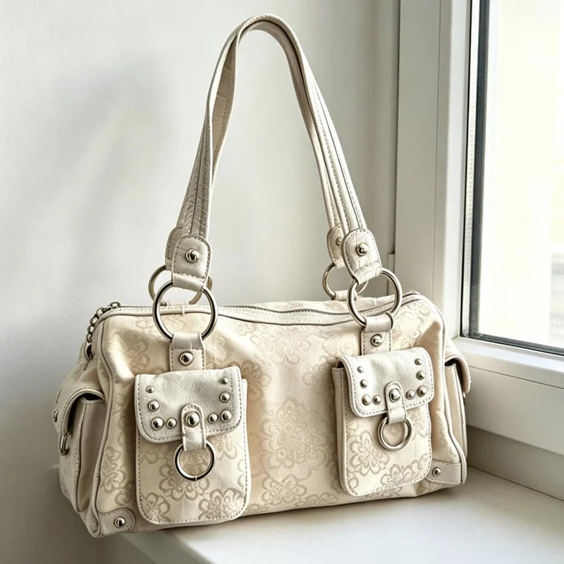 

Y2k Vintage Studded Handbag Printed Multi-pocket Street Cool Motorcycle Bag European American Large Capacity Shoulder Bag