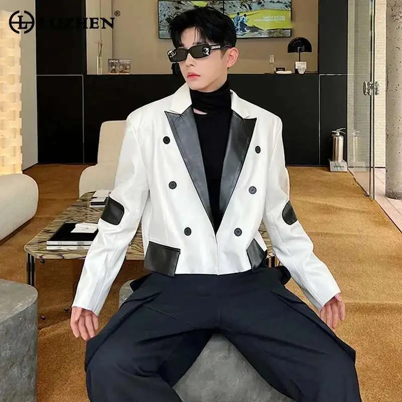 LUZHEN 2025 Trendy Spring Pu Leather Spliced Color Contrast Original Short Jacket Men's Fashion Elegant High Street Coat LZ2350