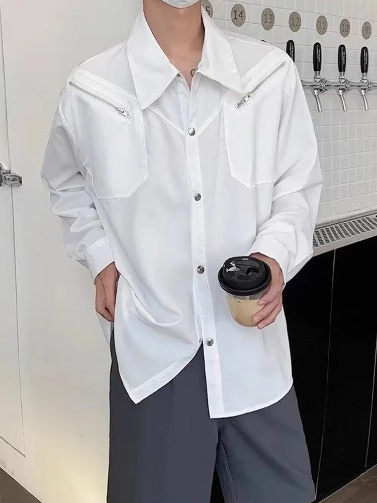 

New 2023 Men's Long Sve Ice Silk irt Design Sensation Zipper Loose Drapey White irt Youthful Trend Summer Faion
