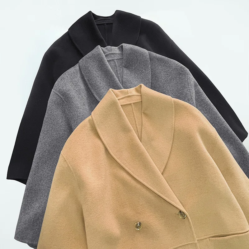 

Women Niche Double-sided Woolen Coat Green Fruit Collar Double-breasted Silhouette Wool Mid-length Blends Tops Black Clothing