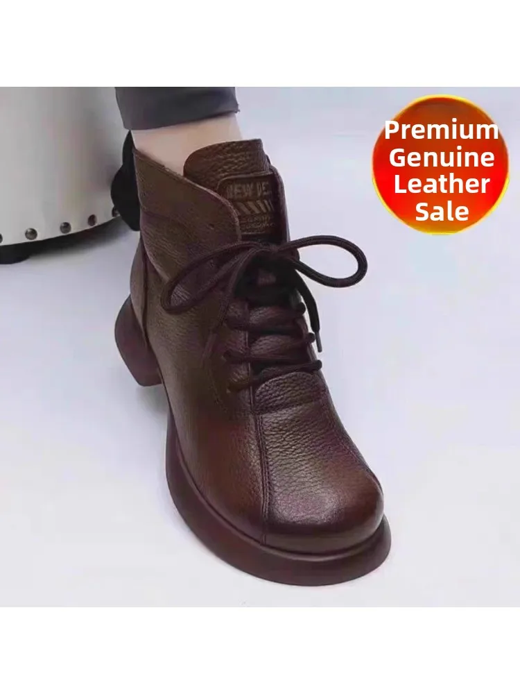 

Мягкие ботинки в стиле ретро, ​​женские кожаные ботинки с противоскользящей подошвой и круглым носком, модные ботинки, теплые зимние ботинки