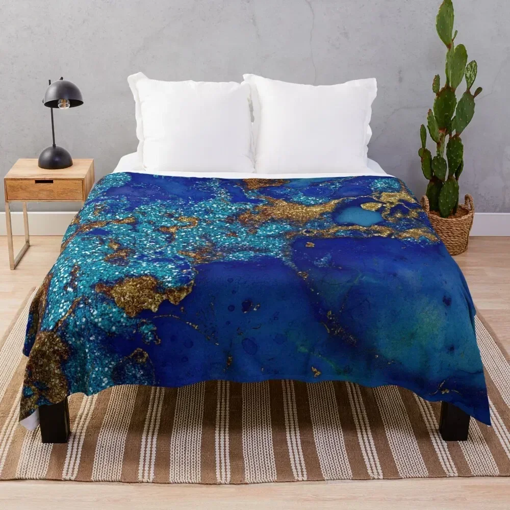 Gold Indigo Blue Faux Malachite Marble Throw Blanket Cozy Napping Blanket Gift for Mom Dad