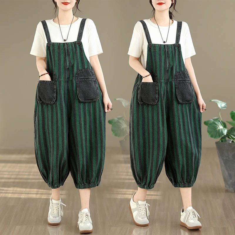 

High Waist Wide Leg Denim Overalls Striped Casual Women's plus Size Jeans Jacket 7/8 Length Trousers Quality Cotton Blend