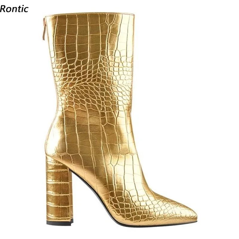 

Rontic Handmade Women Winter Ankle Boots Chunky Heels Pointed Toe Pretty Gold Silver Black Green Night Club Shoes US Size 5-15