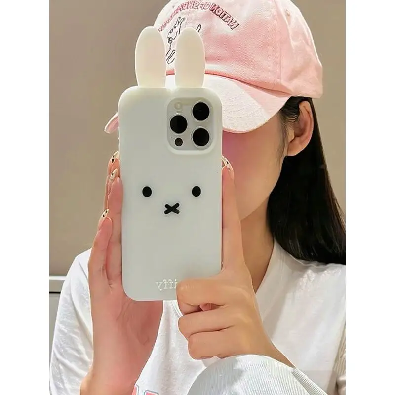 3D Stereoscopic Kawaii Cute Cartoon Miffy Rabbit Phone Case For iPhone 17 16 15 14 13 Pro Max Cases Soft Silicone Back Cover view 3