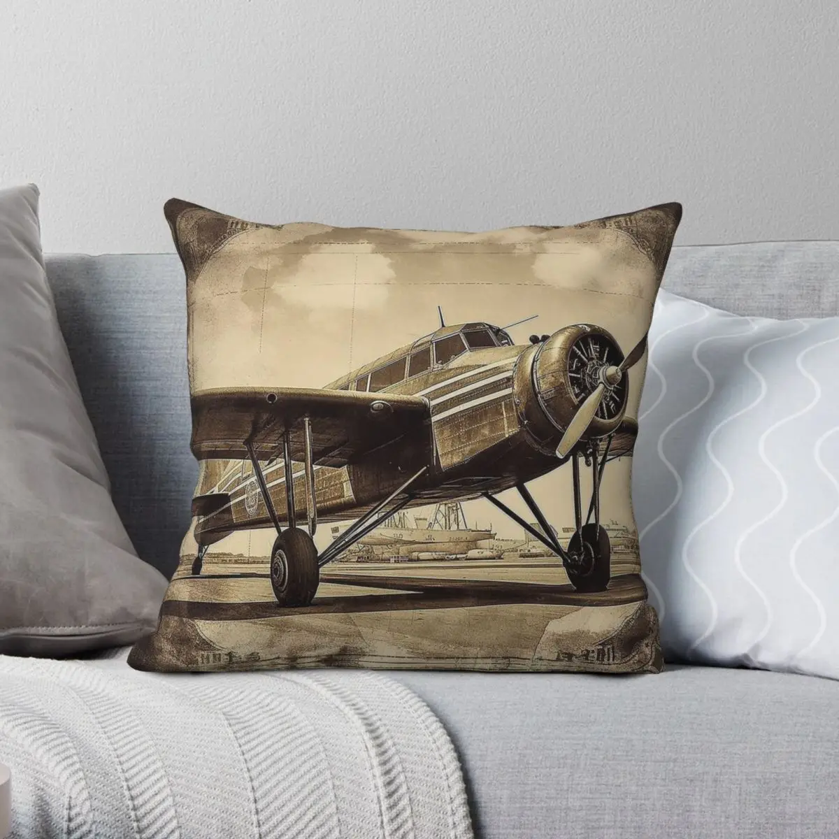 Retro Airplane Old Turboprop Propeller Square Pillowcase Polyester Linen Velvet Creative Zip Decorative Pillow Case Bed Case 18