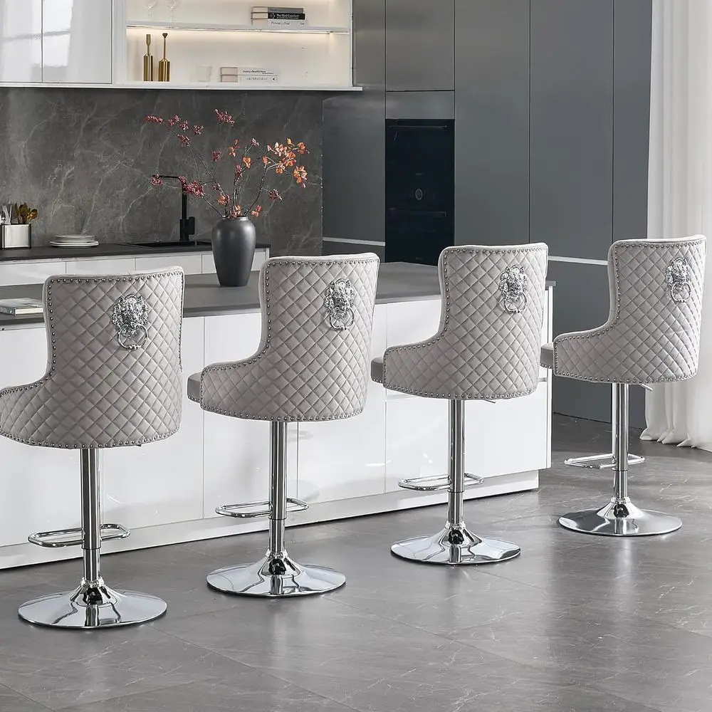 

Набор из 4 вращающихся барных стульев с мягкими сиденьями, ручкой-кольцом Lion Pull Ring, высокой спинкой, регулируемые для кухонного острова/кафе, серые