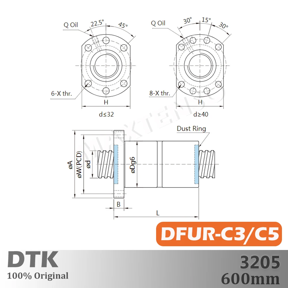 DTK Taiwan DFU3205 C3 C5 Ground 5mm Lead R32 Ball Screw 600mm Double Nuts Thread Shaft High Precision Flange Spindle Replace TBI