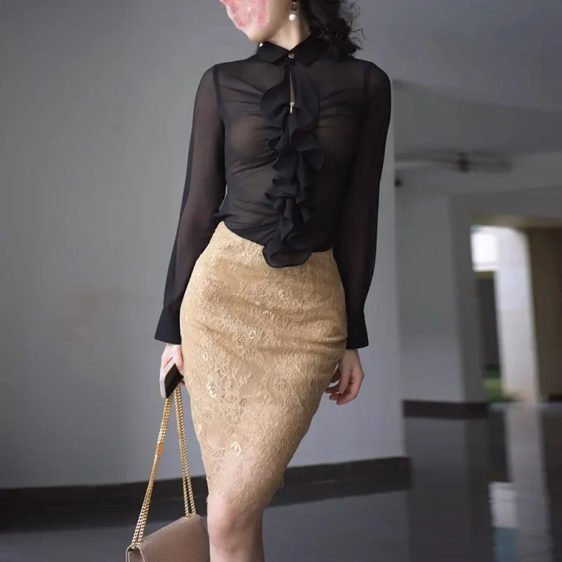 

High Waist Lace Splice Pure Desire Style Half Skirt Design Elegant Slimming Short Skirt Fashionable New Model