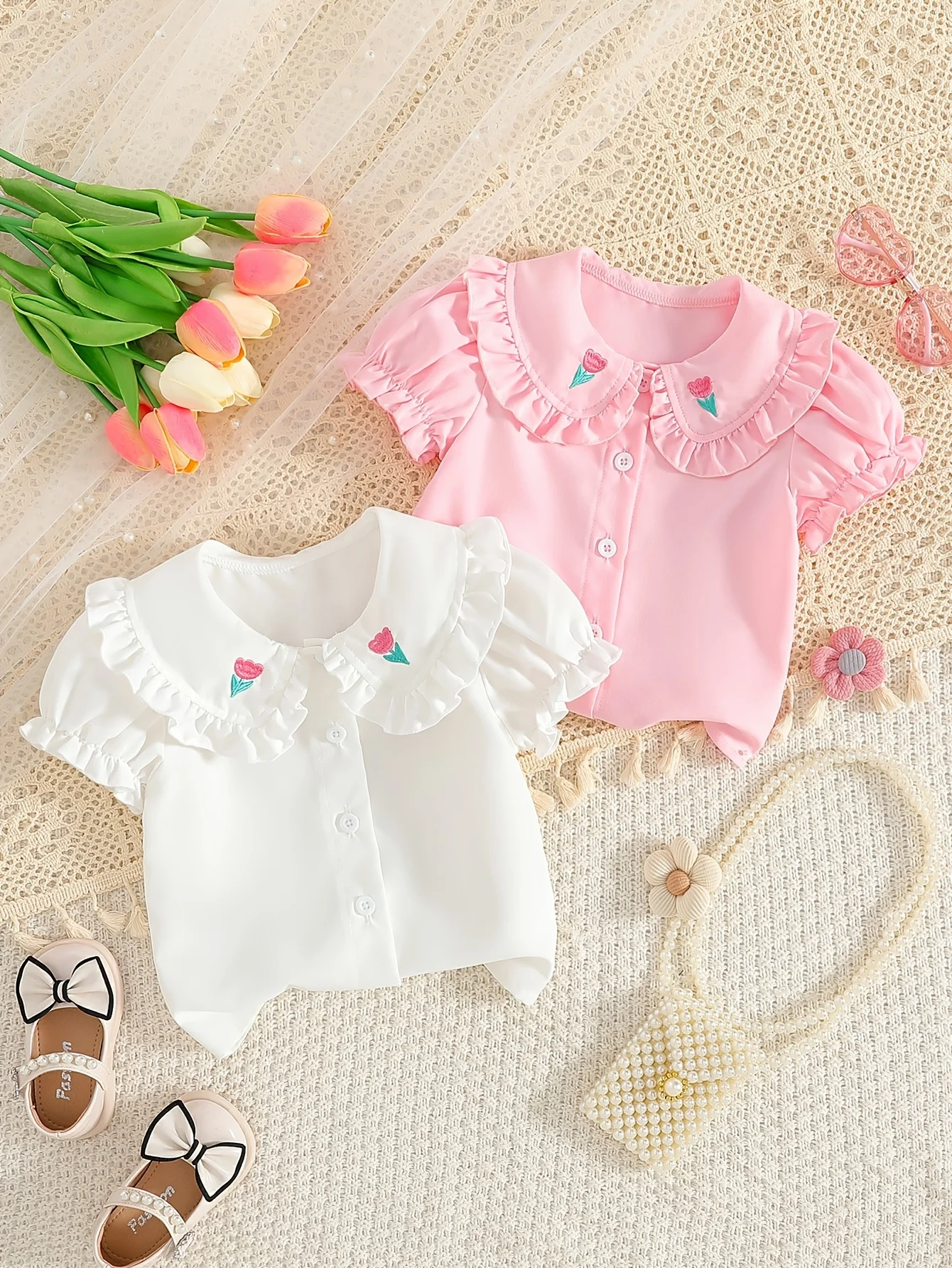 

Летний комплект из 2 предметов для маленьких девочек: рубашка с пышными рукавами и воротником «Питер Пэн» + футболка — милый сладкий, универсальный повседневный, подарок на день Святого Валентина/день рождения