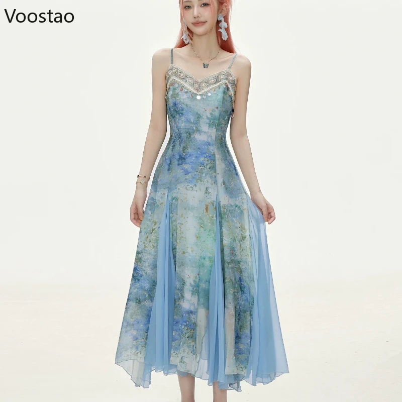 Summer French Seaside Holiday Party Dress Women Elegant Bule Print Sequins Fairy Long Dress Ladies Sweet Beach Boho A-Line Dress