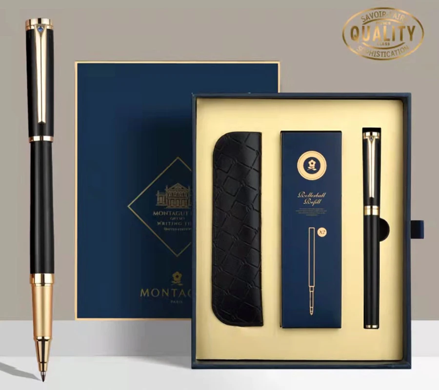 Montagut M702 Luxurious Roller Ball Pen Golden Trim Iridium 0.5mm Flower Engraving Neutral Pen Writing Gift Pen W/Gift Box