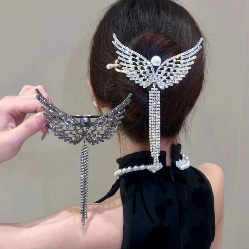 New Vintage Ladies Butterfly Chain Tassel Hair Clips Korean Rhinestone Hairpins Twist Clip Crab Women Hair Accessories Headwear