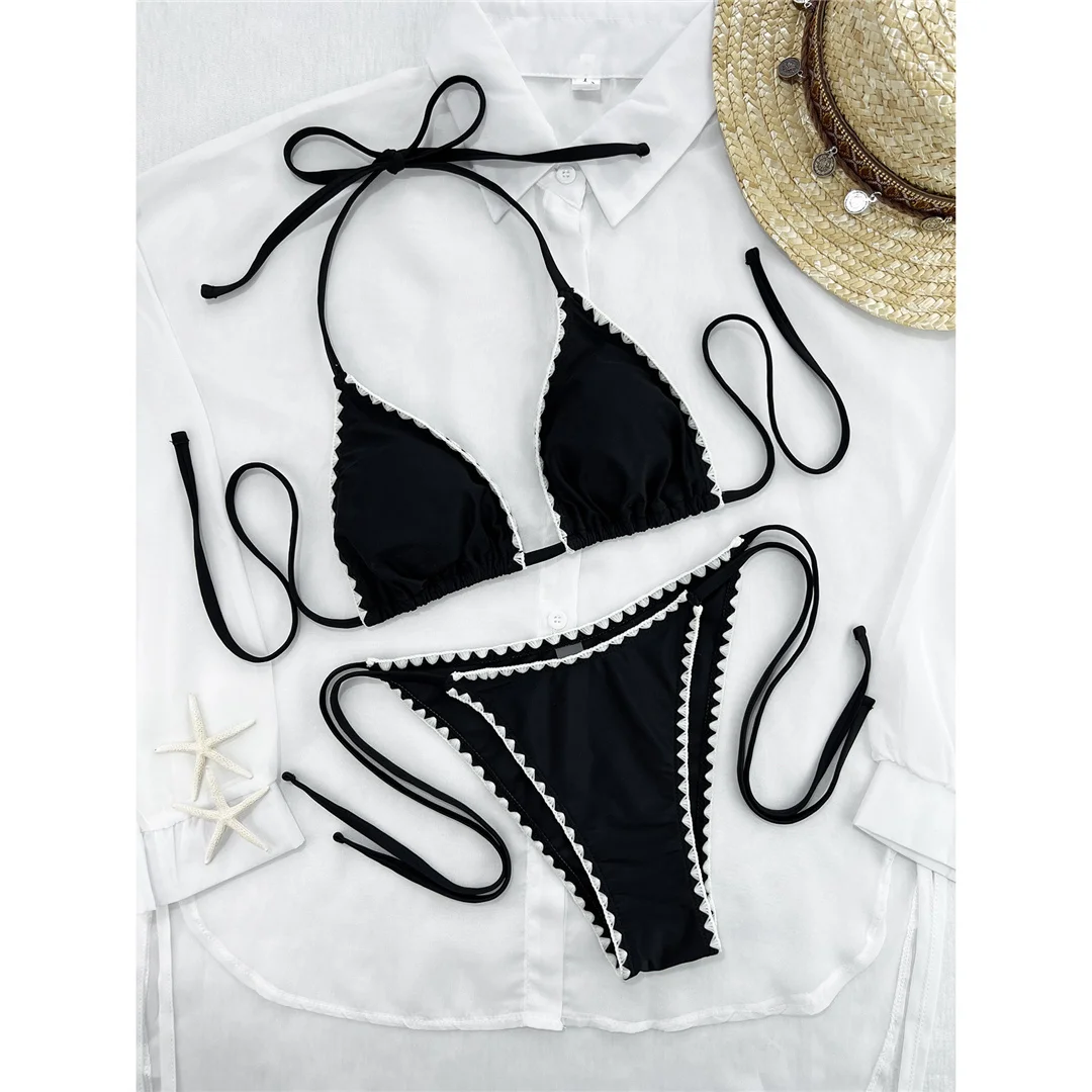 Splicing Neckholder-Bikini Damen-Badebekleidung Zweiteiliger Bikini-Set mit Riemchen und hohem Beinausschnitt Badeanzug V8476 – Detail 4