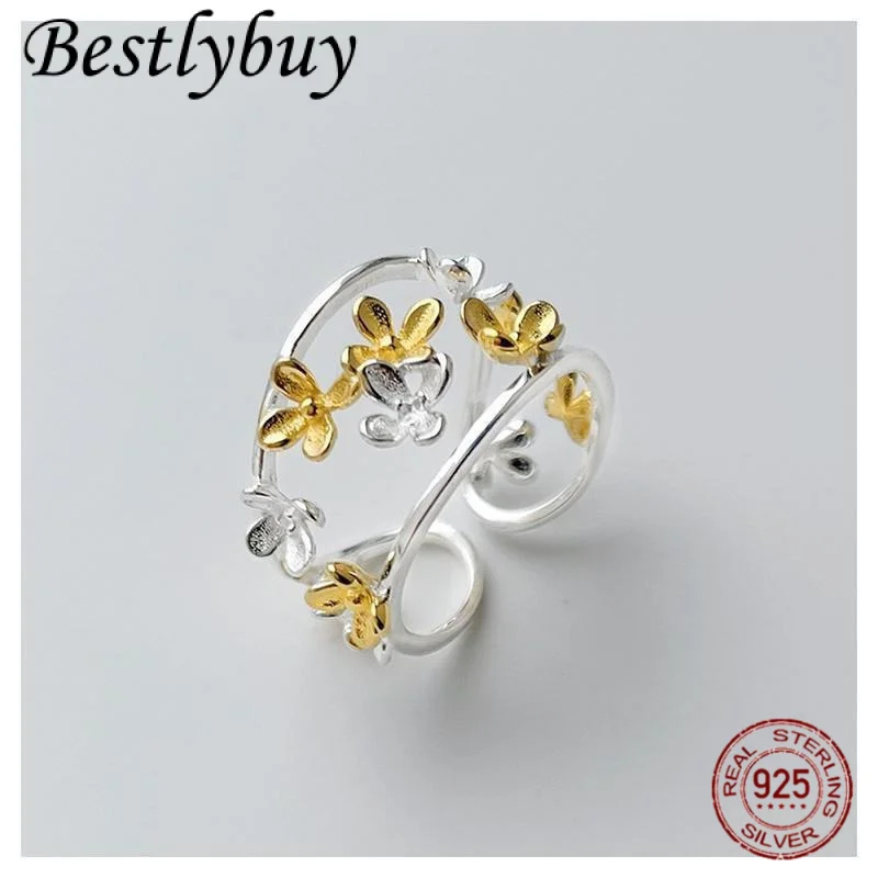 

NEW S925 Pure Silver Original Design Hollow Out Two-color Flower High-end Feeling Light Luxury Women's Ring