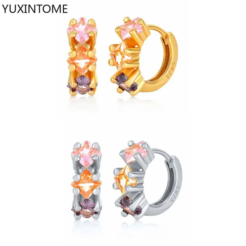 Perforation 925 Sterling Silver Ear needle Colorful Crystal Zircon Ear buckle Round hoop Earrings Fashion Luxury Wedding Jewelry