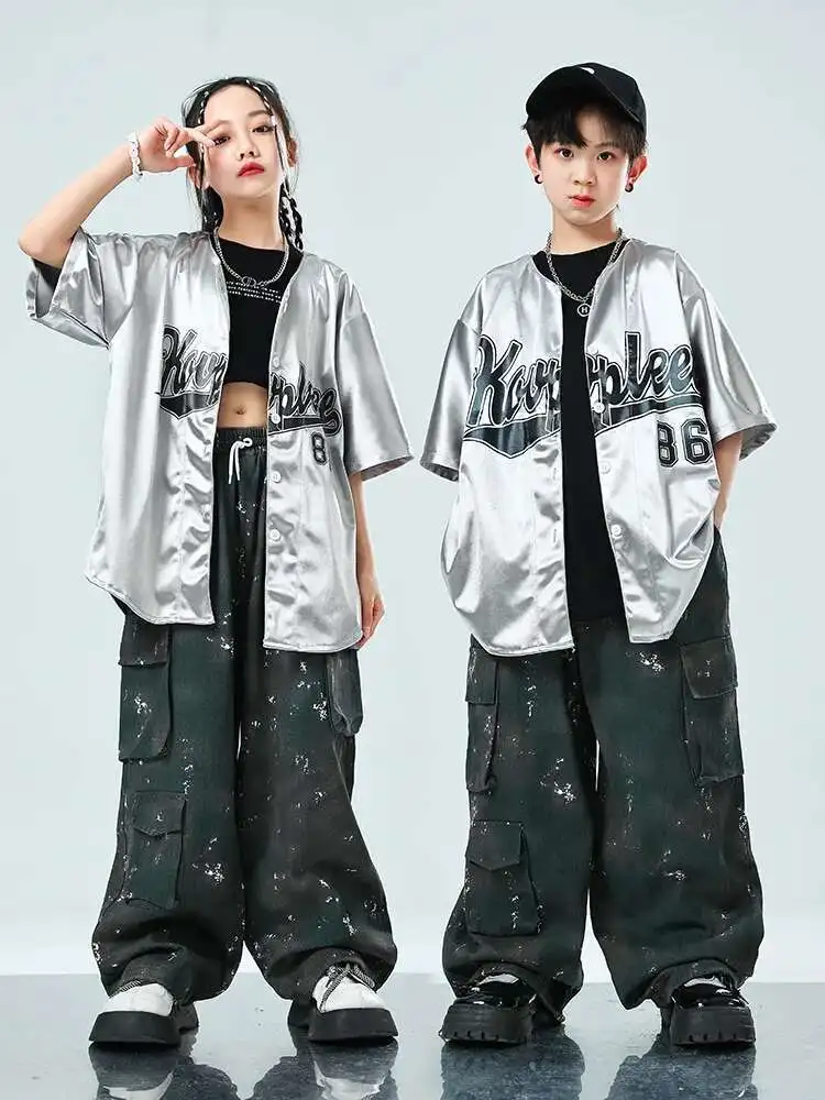 Sequin Silver Dancing Clothes Hip Hop Dance Costume 4 Girls Boys T Shirt Pants Street Wear Children Competition Costumes Jazz