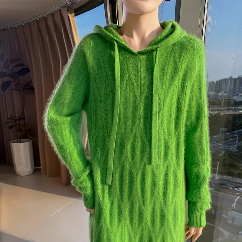 Women's sweater for winter warmth, 100% mink cashmere pullover hoodie, fashionable and trendy, elongated, solid color loose vers