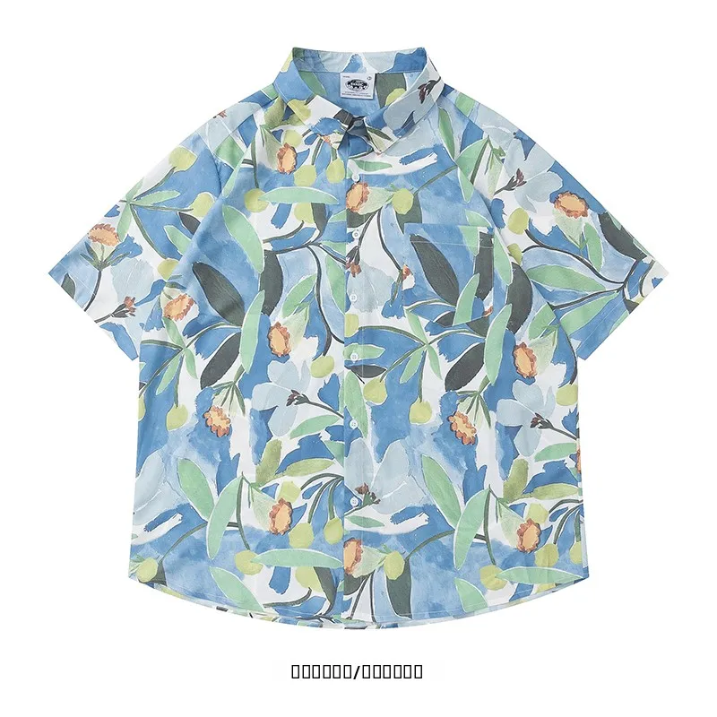 

Синий кардиган оверсайз с цветочным принтом в стиле ретро, с коротким рукавом, для пар, свободного кроя, в молодежном стиле, летняя верхняя одежда