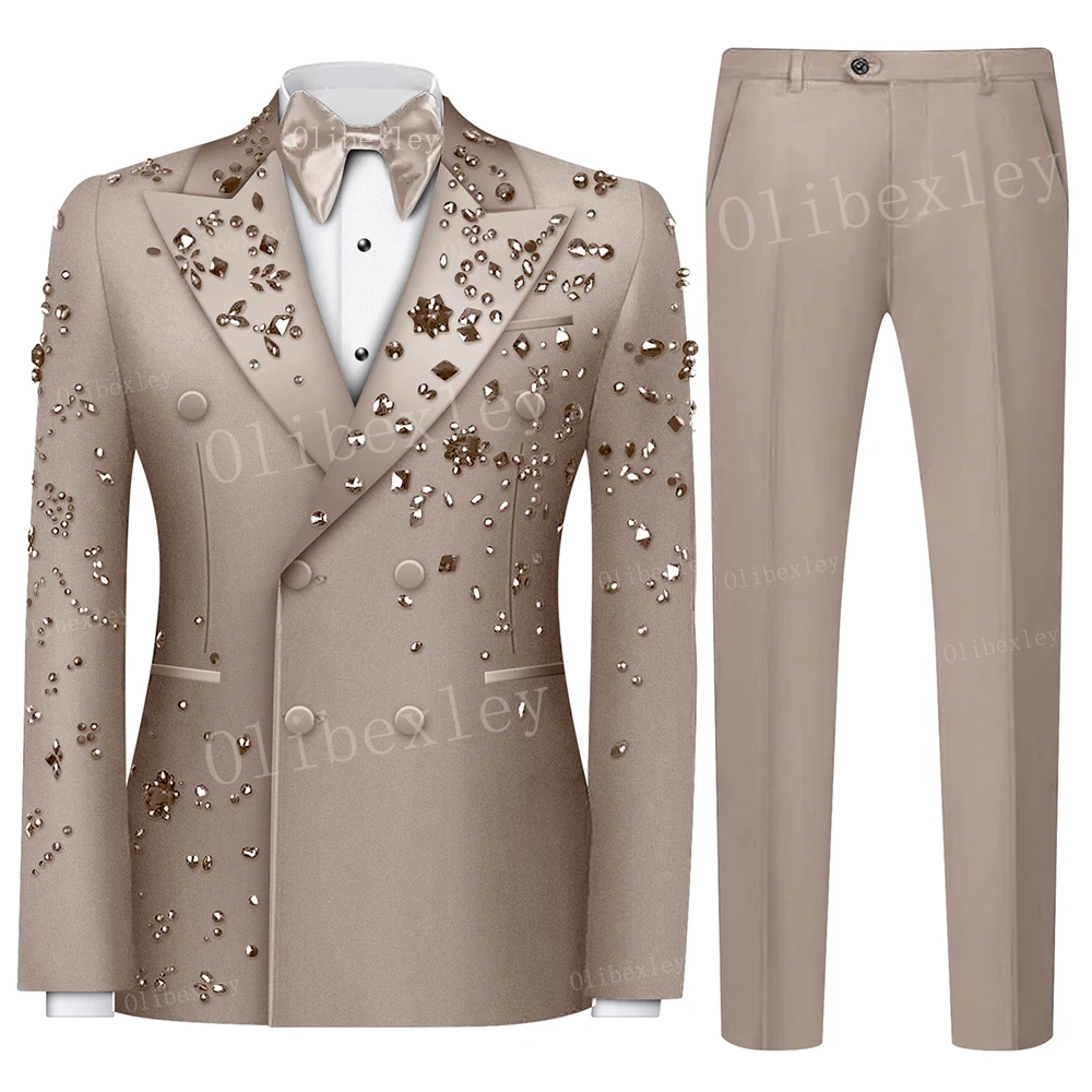 Olibexley Luxe 2-delige pakken voor mannen Kralen Decoratie Bruidegom Bruiloft Blazer Formeel Feest Prom Suits Blazer + broek voor feest