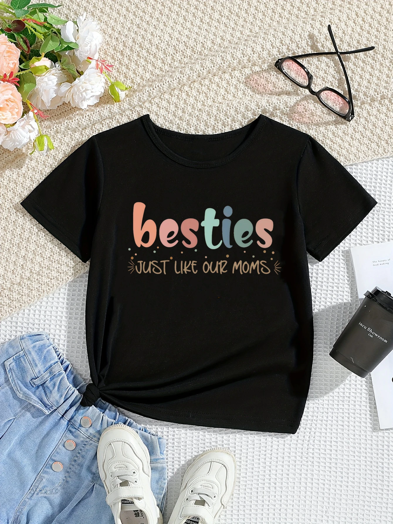 Besties Just Like Our Moms Letter Printed T Shirt Girls Summer Short Sleeve T-Shirt Funny Kids Clothes