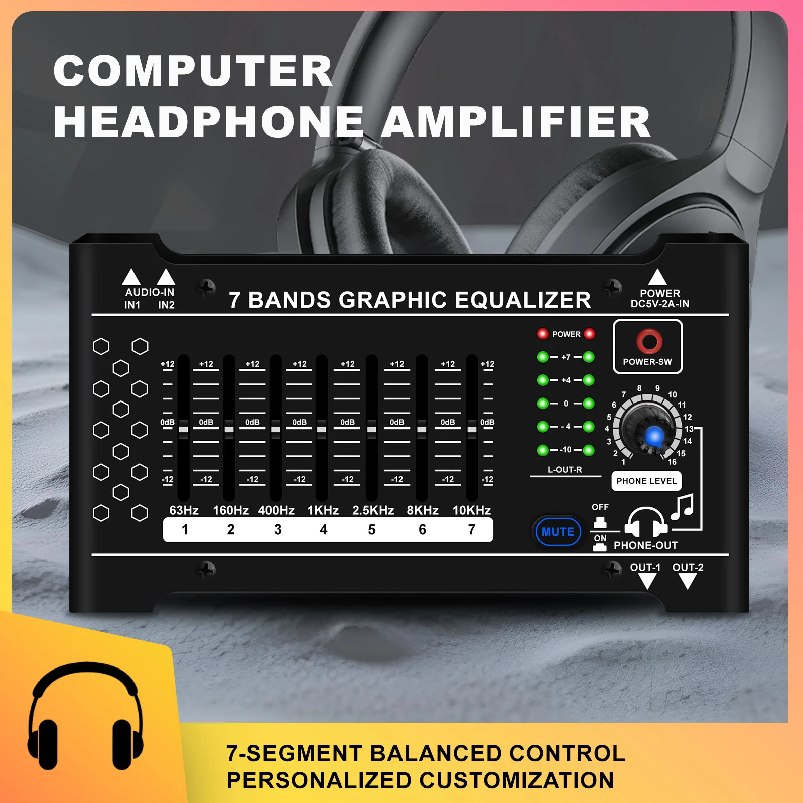 P2-plus 5V Desktop Headphone Equalizer & Amplifier - 7 Bands 63Hz-10KHz EQ Adjustment for PC HiFi Audio