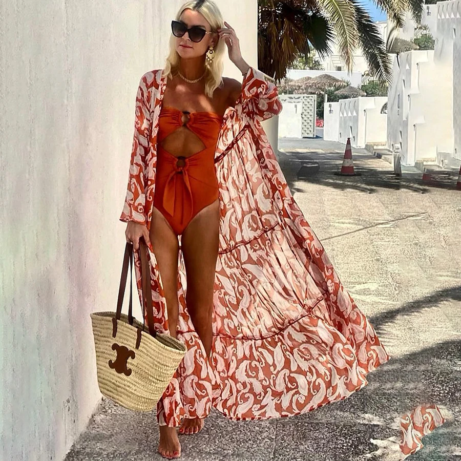 Bedruckte Bluse im tropischen Stil Damen Orange Mode Hemd Sommer Strand hemd Sexy Langarm Spitze V-Ausschnitt Beach wear