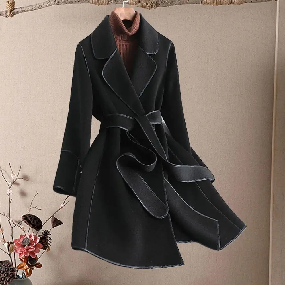 

Korean Style Women's Coat Belt Lapel Solid Color Coat Autumn And Winter Elegant Women's Coat