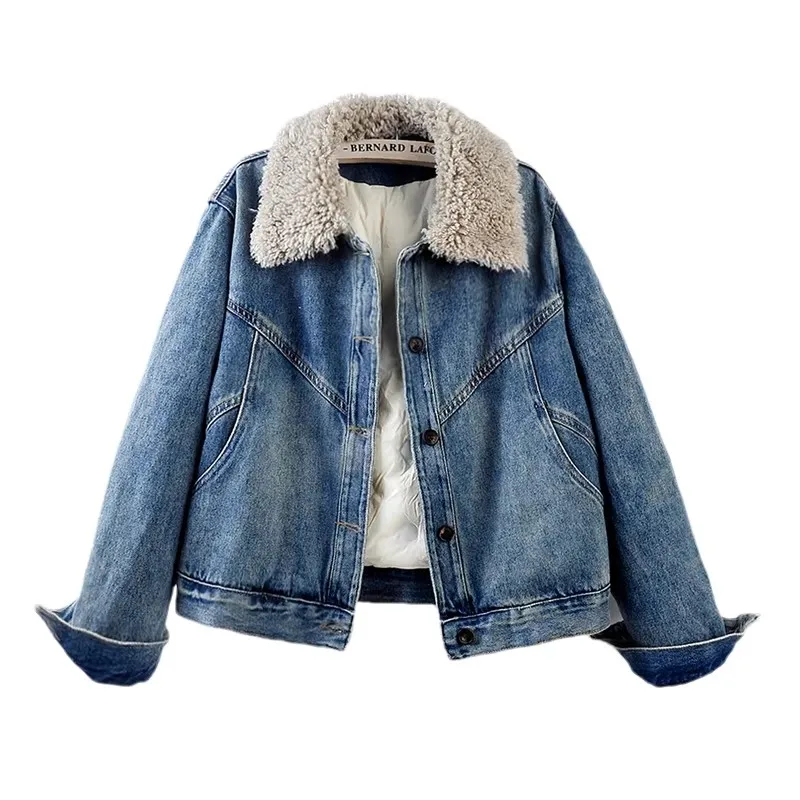 2026 Winter New Thick Warm Down Liner Denim Jacket Women Loose Casual Faux Lambswool Fur Lapel Long Sleeve Blue Cowboy Outerwear