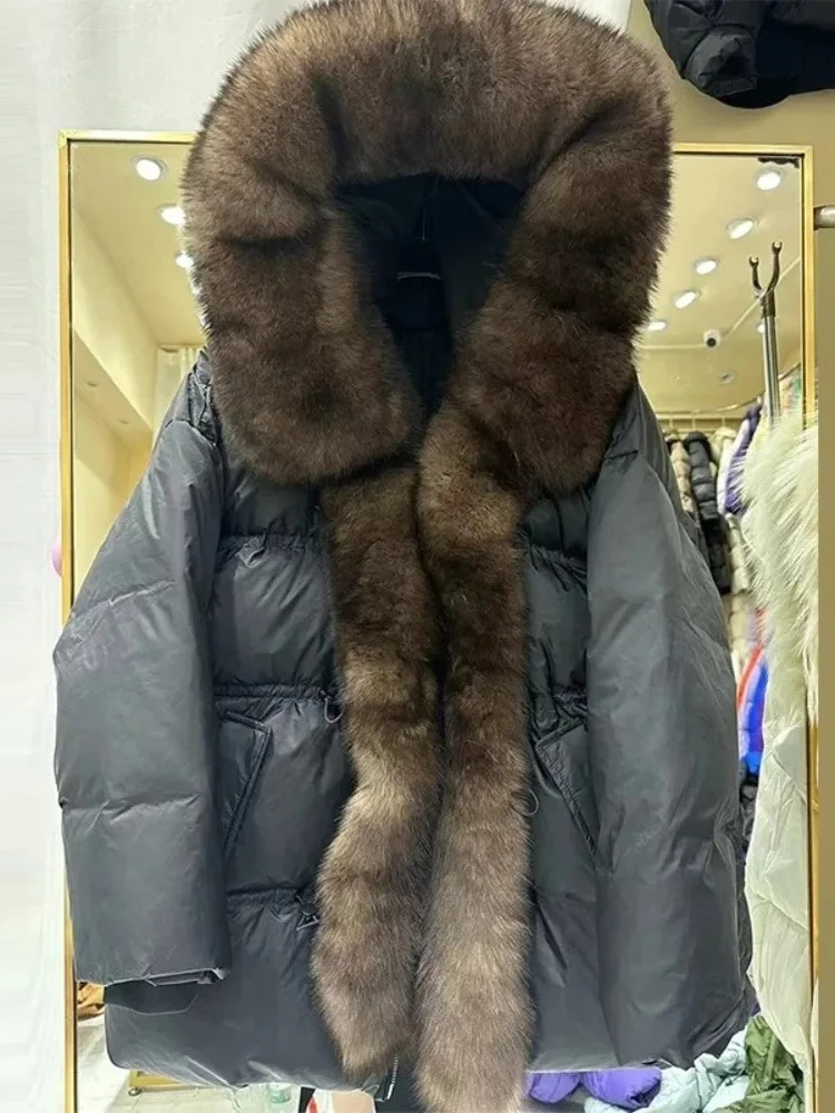 2025 nova jaqueta de inverno feminina grosso quente oversized 90% pato branco para baixo grande casaco de pele real natural pele com capuz puffer parka