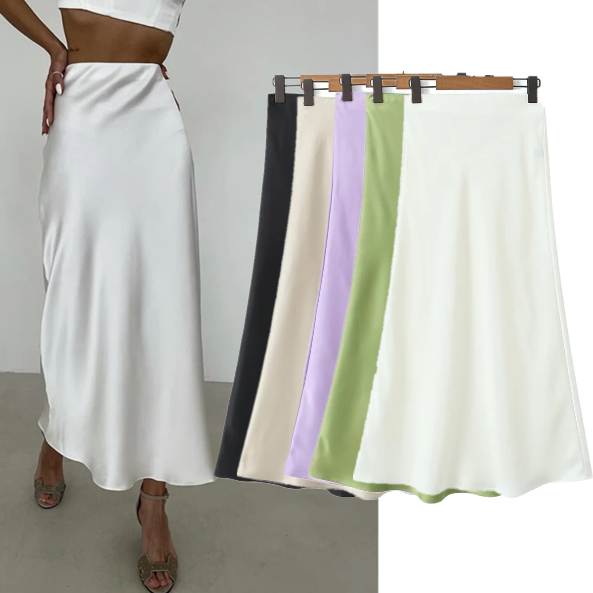 Maxdutti High Waist A-line Skirts Womens Ladies Satin Midi Party Skirts Fashion Skirts Women