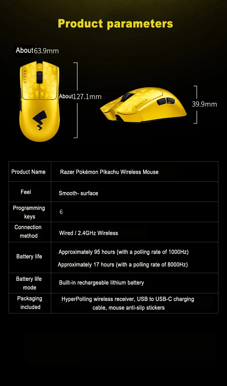 ماوس الألعاب اللاسلكي Razer Viper V3 Pro Pikachu، إصدار هدية معدل حمل 8 كيلو هرتز، 35000 نقطة في البوصة، مفتاح ماوس بصري من الجيل الثالث
