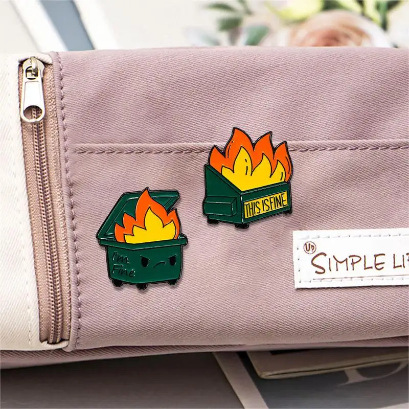 4pcs Cute Cartoon Trash Can Catch Fire Enamel Brooch Creative English Letter Lapel Pin Badge Backpack Clothing Hat Accessories